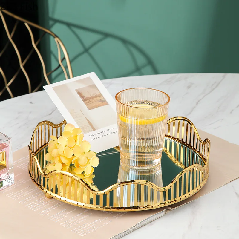 Gold-plated Storage Trays Decorative Mirror Glass Tray Round Fruit Plate Desk Decoration Cosmetic Containers Jewelry Plates