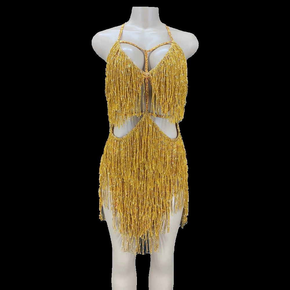 Sexy Stage Gold Fringes Dance Costume Party Outfit Tassel Bodysuit Evening Birthday Party Stage Wear Nightclub Performance Dress