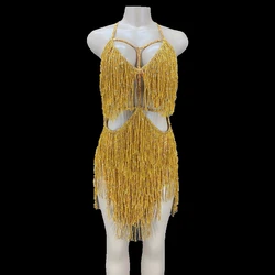 Sexy Stage Gold Fringes Dance Costume Party Outfit Tassel Bodysuit Evening Birthday Party Stage Wear Nightclub Performance Dress