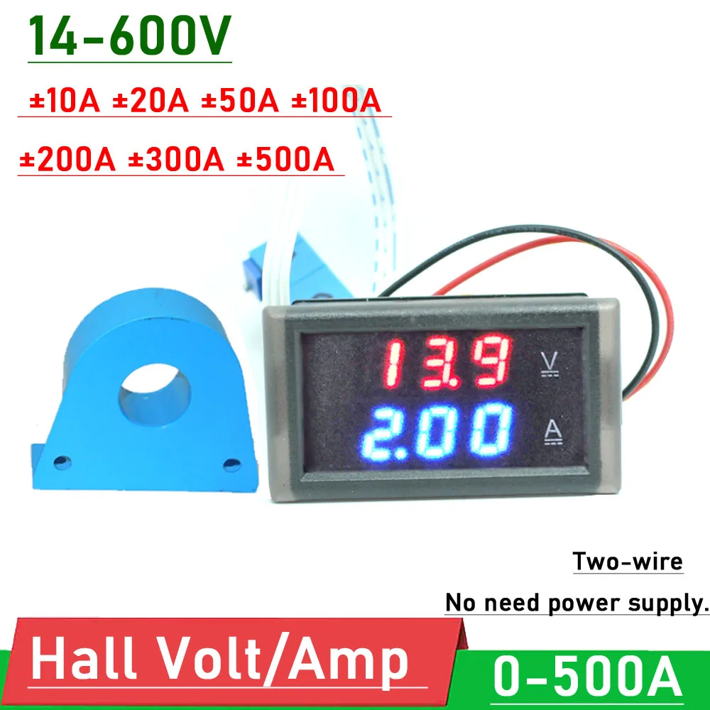 

2wire DC Hall Voltmeter ammeter 14-600V 50A 100A 300A 500A LED Digital Voltage Current Meter battery monitor 24V 36V 48V 60V 72V