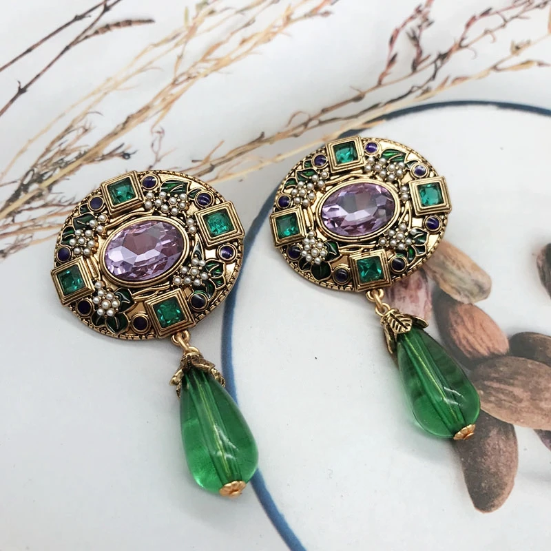 Ethnic Stud Earrings Exaggerate Statement Green Teardrop Pendant Piercing Jewelry Vintage Accessories