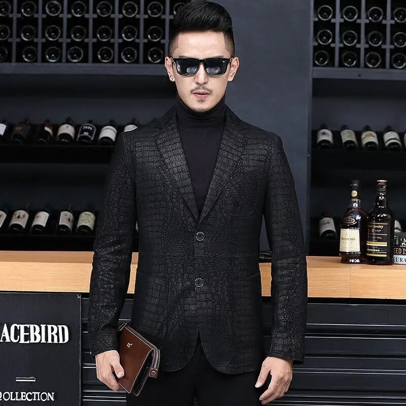 Autumn Business Men Sheepskin Genuine Leather Blazer Jacket Slim Fit Single Breasted Office Work Crocodile Pattern Suit Coat 4XL