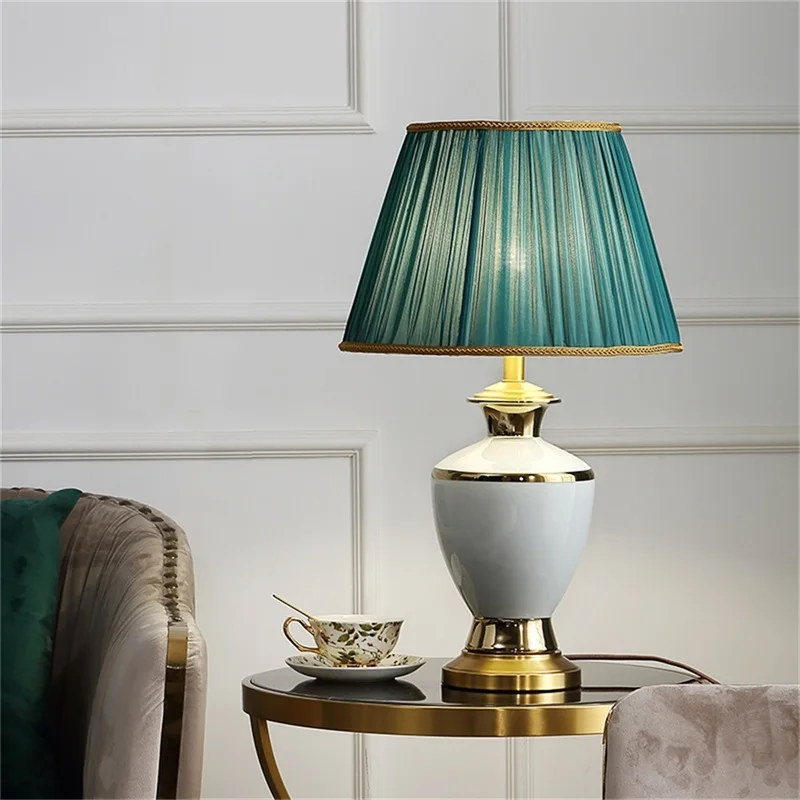 OURFENG Modern Table Lamp Green Ceramic Luxury Bedside Desk Light Copper LED Home For Foyer Office Bed Room