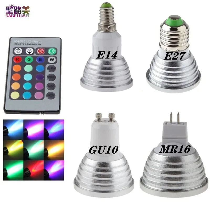 1Pcs E27 E14 GU10 GU5.3 MR16 12V 3W RGB Spotlight LED Bulb 85-265V With 24keys Remoter Dimmer Colorful Night lighting Decoration