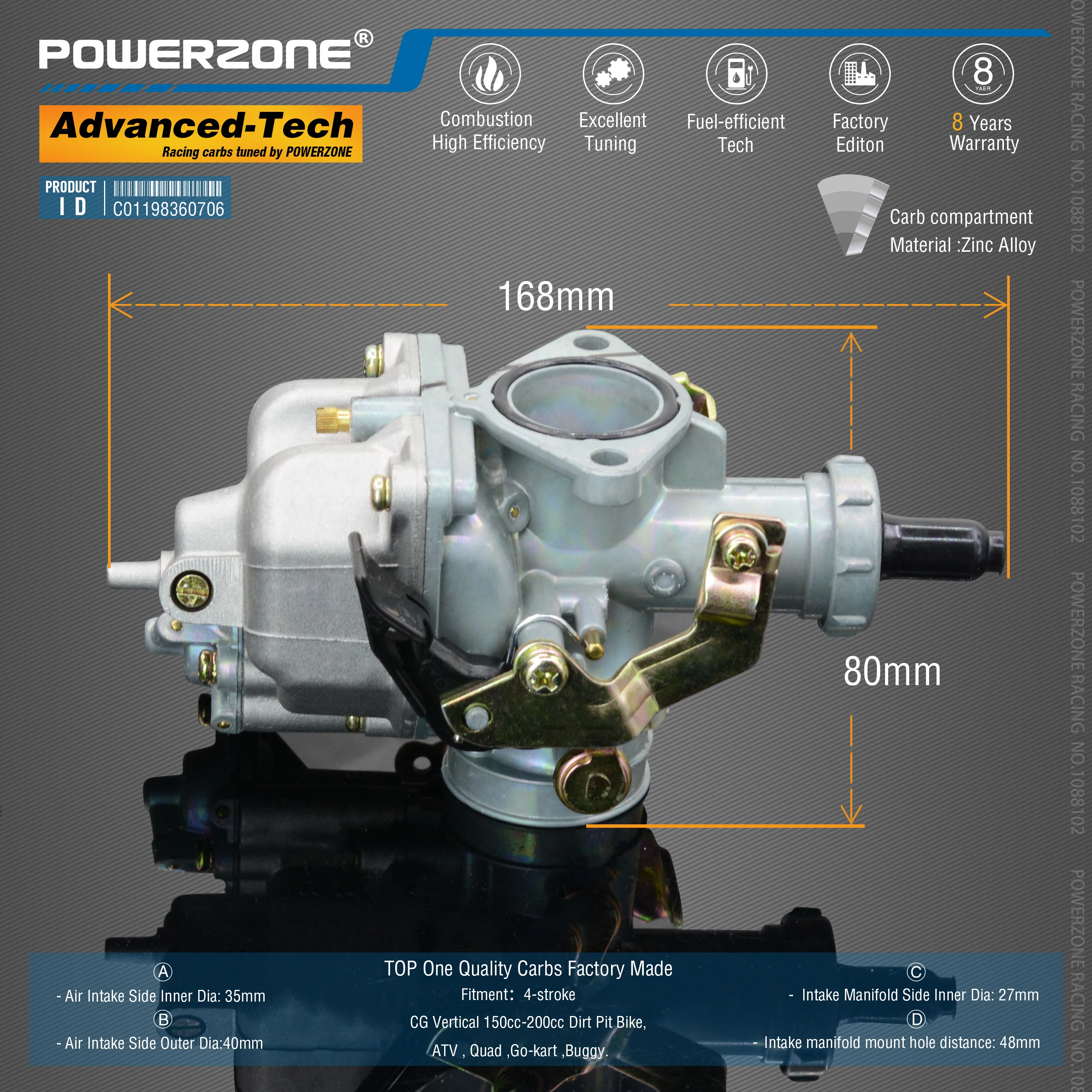 Powerzone  Carburetor PZ27B 27mm  CVK  Accelerator Pump Carb For CG Vertical 150cc-200cc Dirt Pit Bike,ATV,Quad ,Go-kart ,Buggy