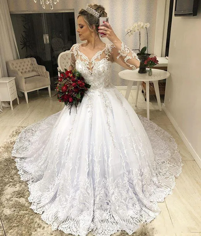 خمر Vestido De Noiva الدانتيل زين الكرة فساتين الزفاف 2022 المحكمة قطار سكوب كم طويل زي العرائس Vestidos Novia