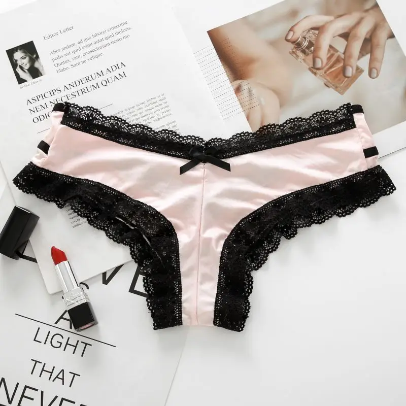 Women Sexy Low Waist Cotton Briefs Underwear Lace Stitching Panties Comfort Bow Twist Panties