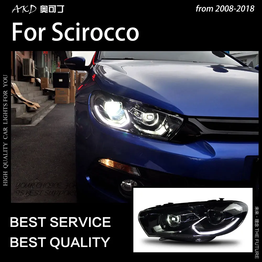 AKD تصفيف السيارة ل Scirocco LED المصباح 2008-2018 شيروكو رئيس مصباح LED DRL العارض عدسة عالية شعاع اكسسوارات السيارات