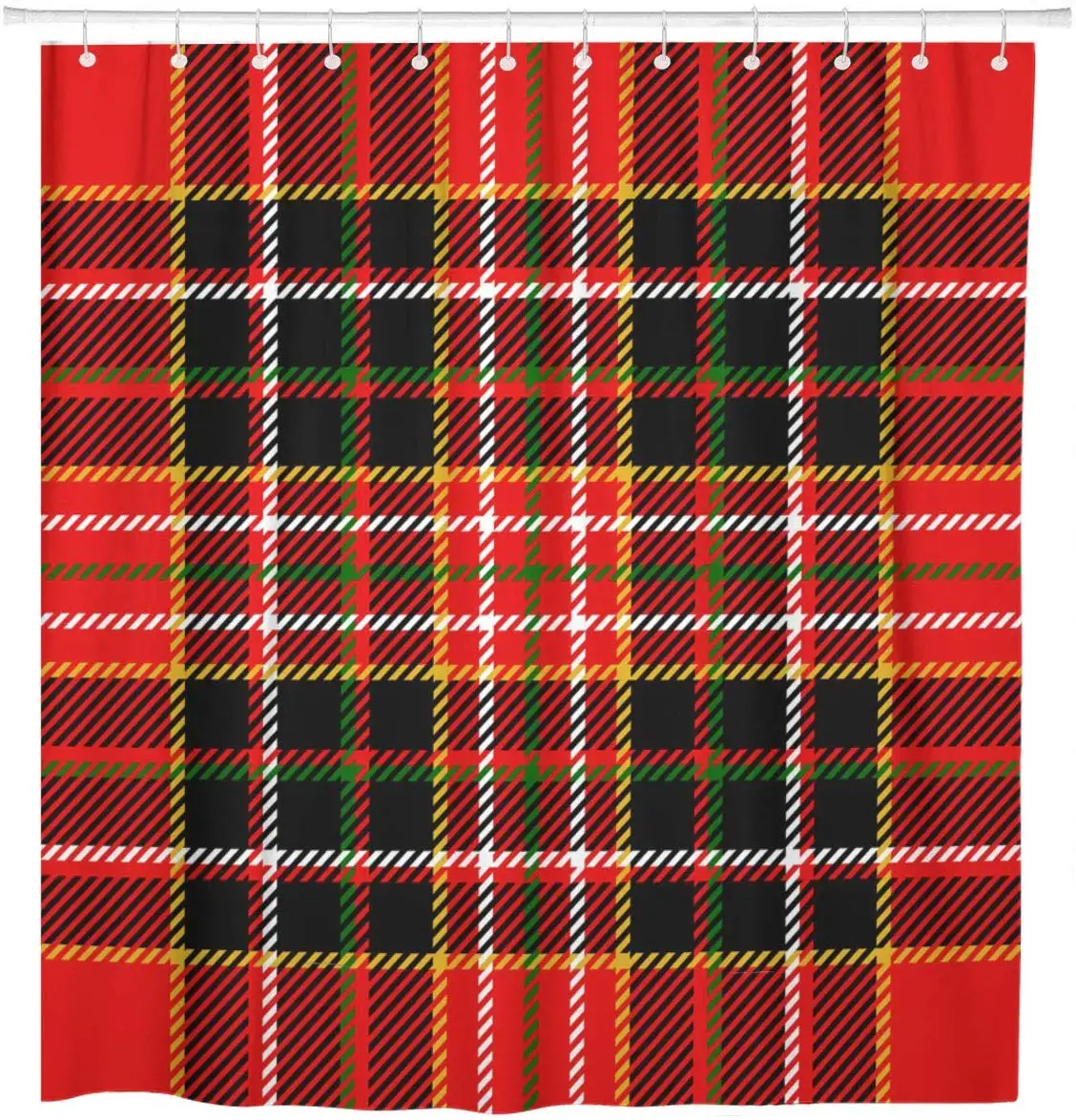 Red Plaid Tartan Pattern Green Christmas Scottish Xmas Britain Shower Curtain Waterproof Polyester Fabric 60 x 72 Inches Set