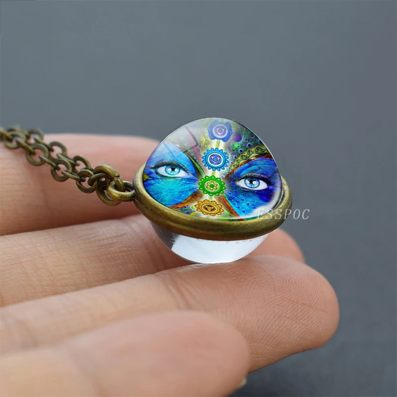 7 Chakra Symbols Necklace Meditation Healing Double Side Glass Crystal Ball Pendant Necklaces Chakra Jewelry