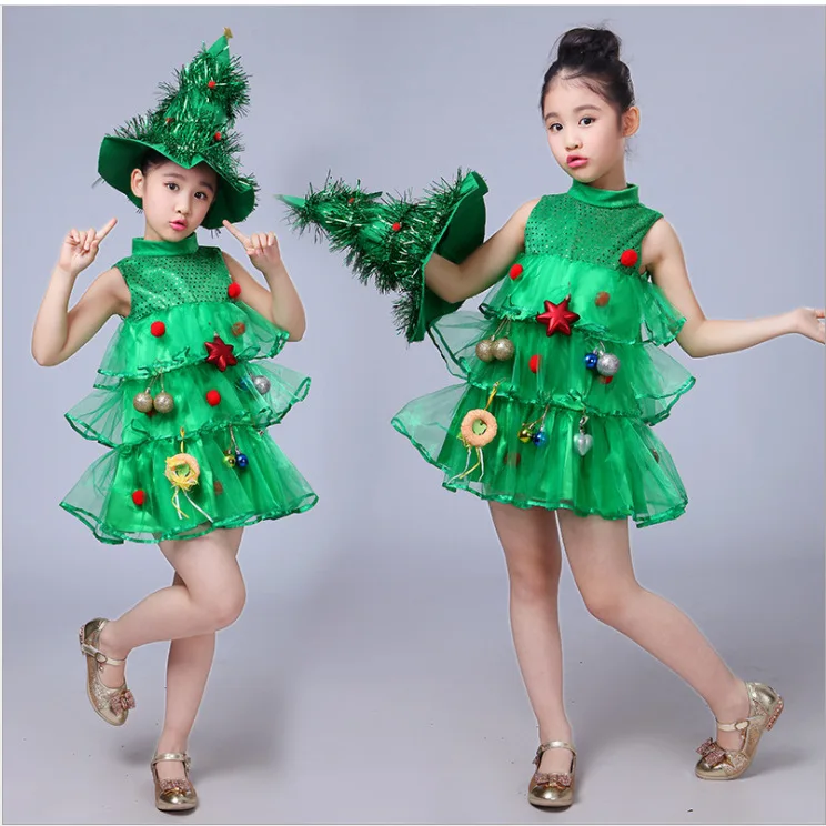 2020 Girls Xmas Green Tree Hat Dress Cosplay Halloween Costume for Kids Sequin Carnival Party Purim Elf Christmas Fancy Dance