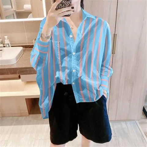 Blouse Women Shirt Blue Striped Women's Long-Sleeved Shirt Blusas Mujer De Moda