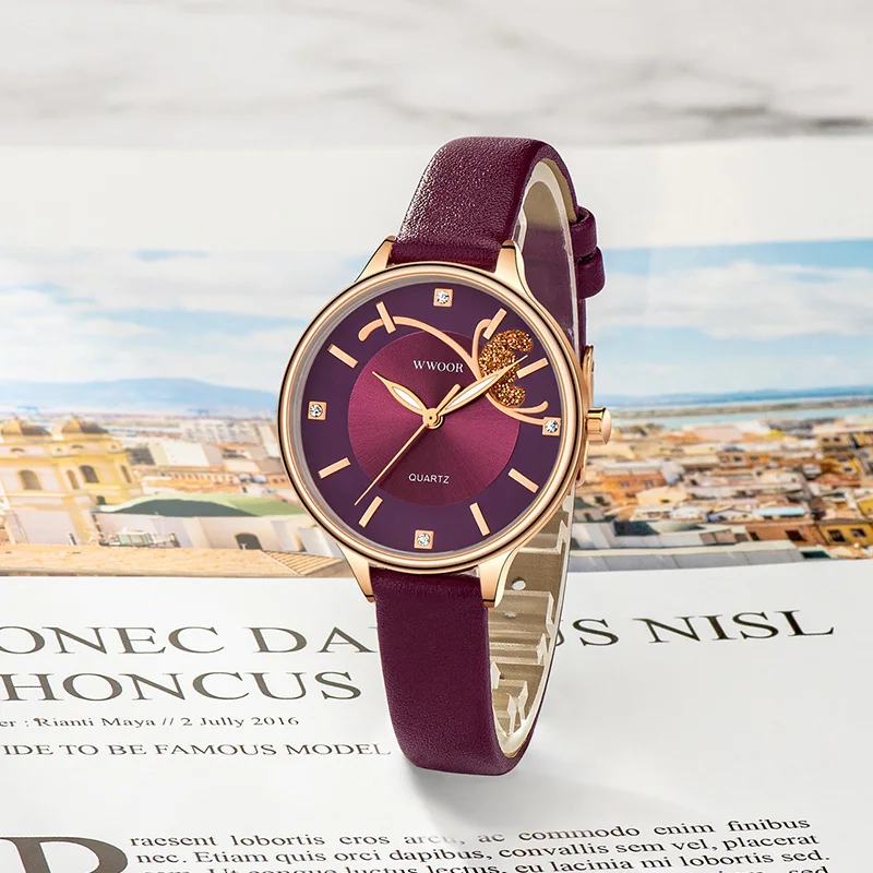 WWOOR New Womens Fashion Purple Watch Top Brand Luxury Leather Small Watch For Ladies Dress Wrist Watches Clock Relogio Feminino