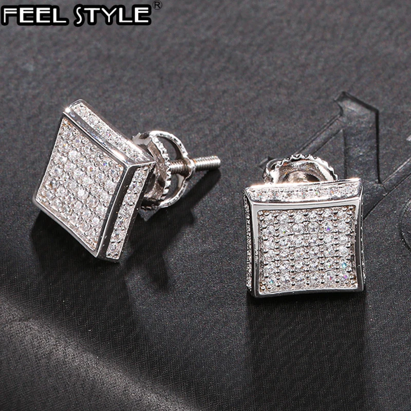 Hip HOP CZ Zircon Square Bling Iced Out Micro Full Paved Rhinestone Stud Earring Copper Earrings For Men Jewelry