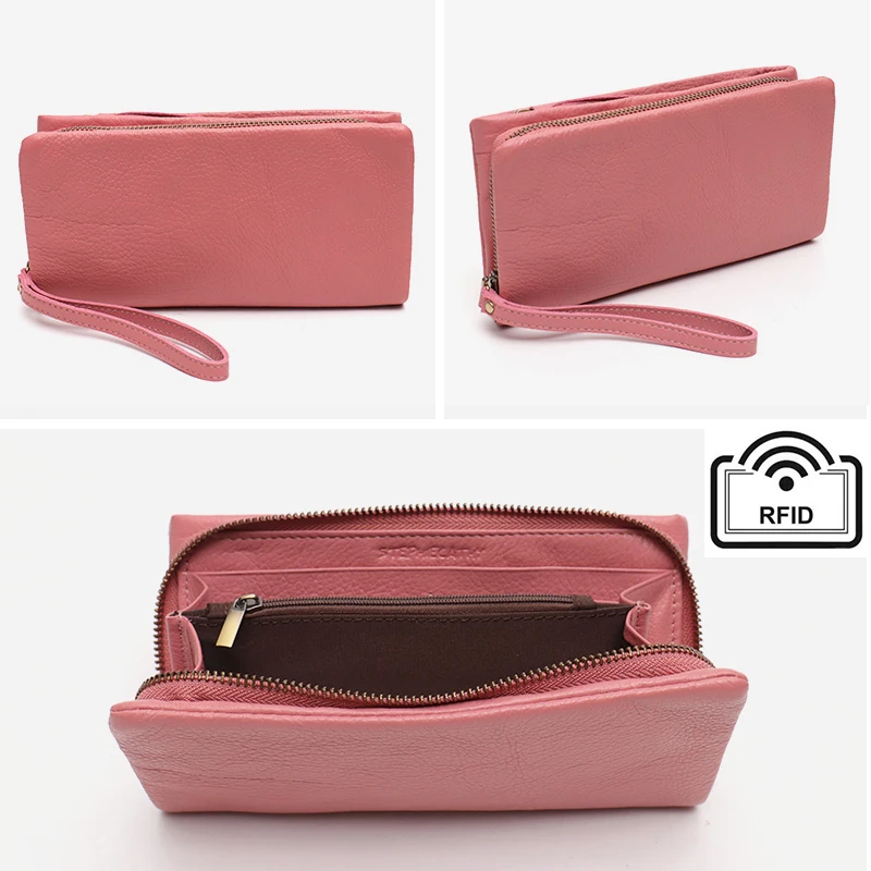 SC Soft Cowhide Women Long Wallet Fashion Multi Pockets Coin Purse Card Holder Passport Bag Female Genuine Leather Daily Clutch