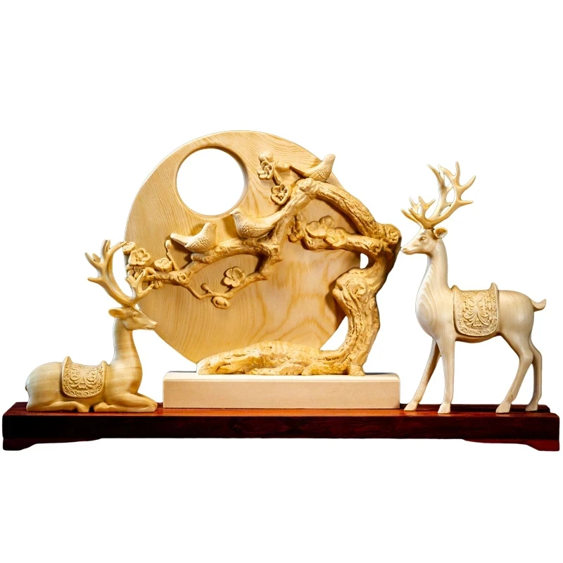 

Large desk decor Wood Animal double Elk Deers New Year Home Decoration Crafts Ornaments Gift Wood Statue