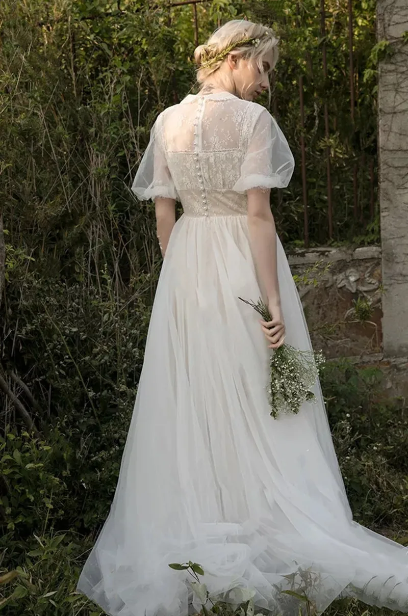 Vestidos de casamento vintage, colarinho A, vestido nupcial com o pescoço, mangas curtas inchadas, vestidos de casamento, estilo country