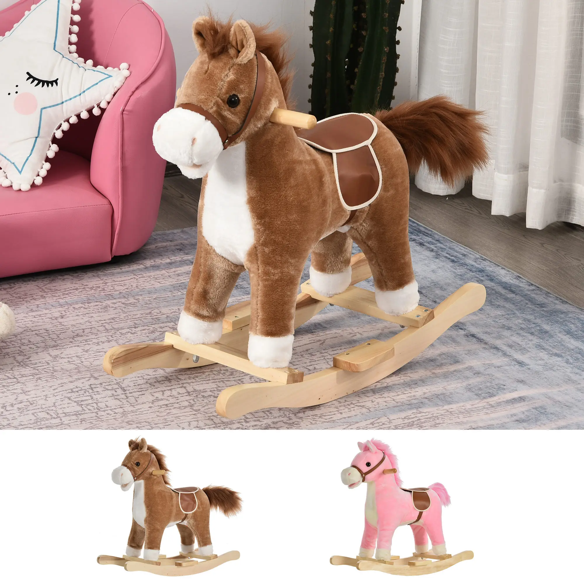 HOMCOM 36 months old rocker horse with music glittering mouth and tail sounds mobile 65x32,5x61 cm