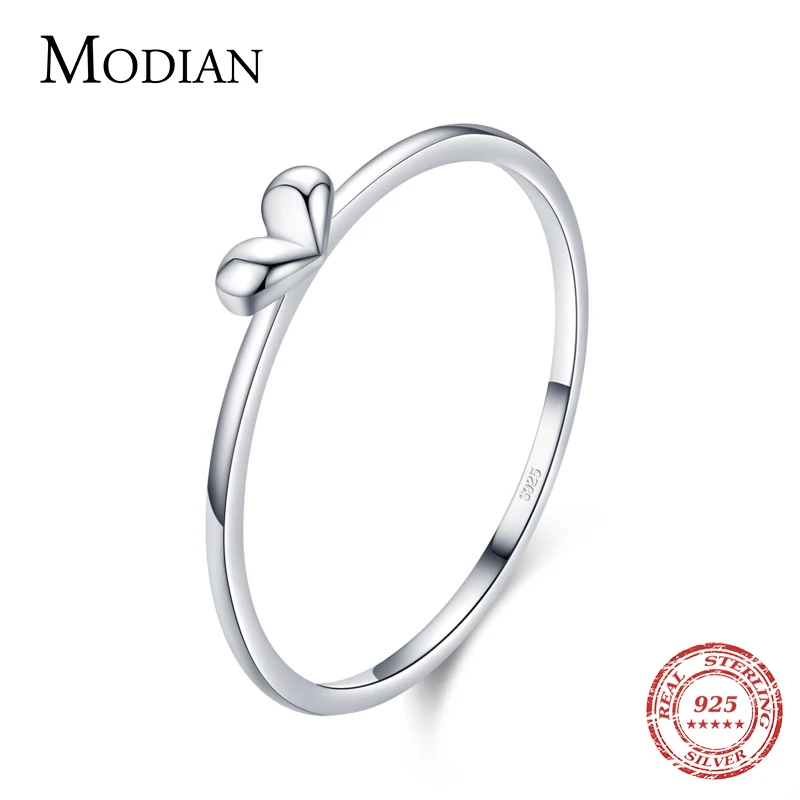 Modian Minimalist Real 925 Sterling Silver Cute Heart Trendy Finger Ring For Women Romantic Love Stackable Statement Jewelry