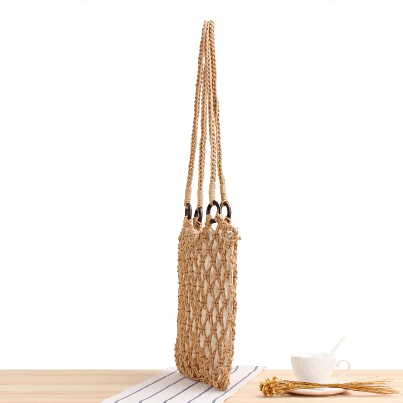 33x30CM New Solid Color Wooden Ring Hollow Cotton Rope Woven Bag Natural Style Handmade Net Bag Holiday Beach Straw Bag a7157