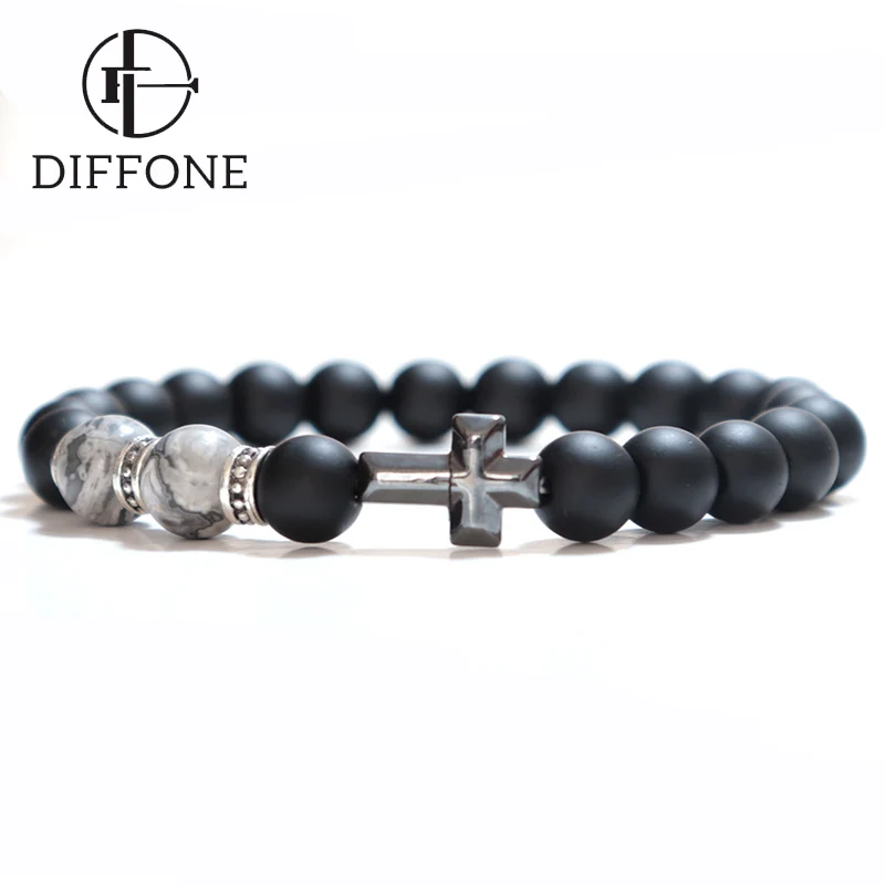 Diffone New Fashion Natural Stone Bracelets Men Women Yoga Prayer Cross Braslet Tiger Eye Hematite Beaded Brazalete Accessories