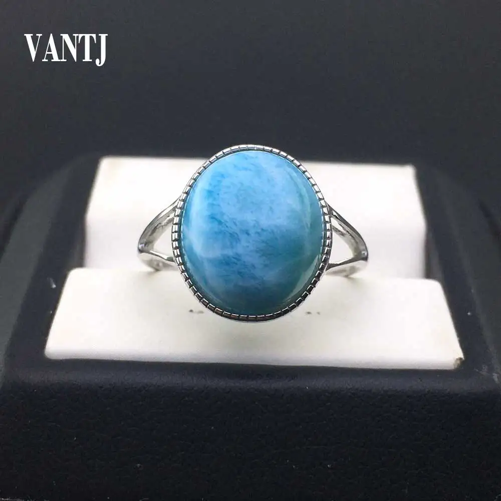 

VANTJ Elegant Natural Larimar Adjustable Rings Solid 925 Silver Fine Jewelry for Women Girl Party Gift Water Pattern AAAAA