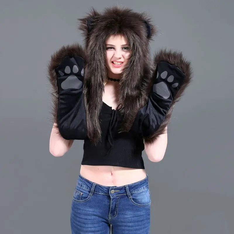 3 In 1 Women Men Fluffy Plush Animal Wolf Leopard Hood Scarf Hat with Paws Mittens Gloves Thicken Winter Warm Earflap Bomber Cap