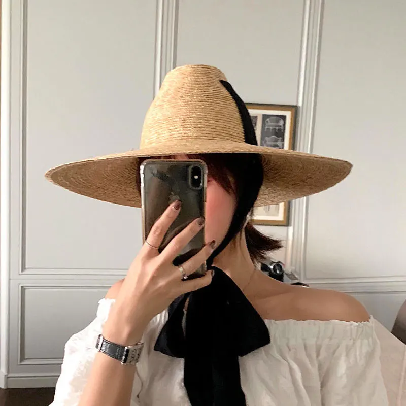 2021 New Elegant 15cm Wide Brim Sun Hat For Ladies Summer High-top Ribbon Hand-woven Straw Hat Outdoor Beach Cap Chapeu De Praia