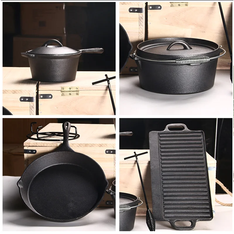 Cast iron pot camping pan grill pan outdoor camping cast iron wooden box set of pots and cookware combination grill set BBQ barb