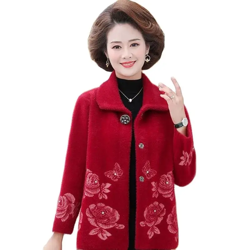 

Autumn Winter Jackets Imitate Mink Fleece Women Coat New Single-Breasted Beading Embroidered Mothers Woolen Ladies Cardigan