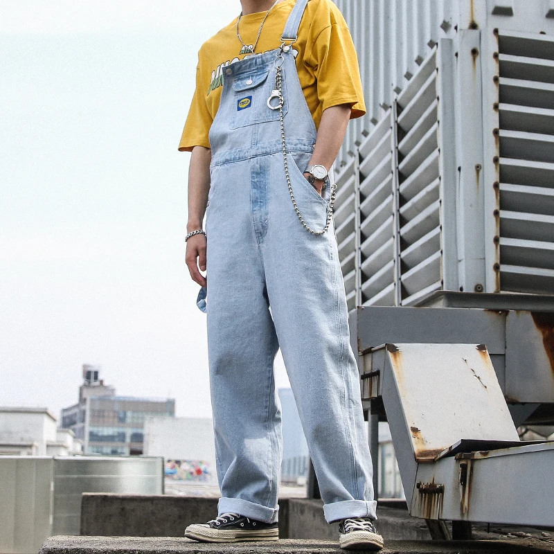 2021 Spring Denim Rompers Overalls Men Bib Jumpsuit Single Cargo Fashion Casual Pants Big Pocket Light Blue Trousers