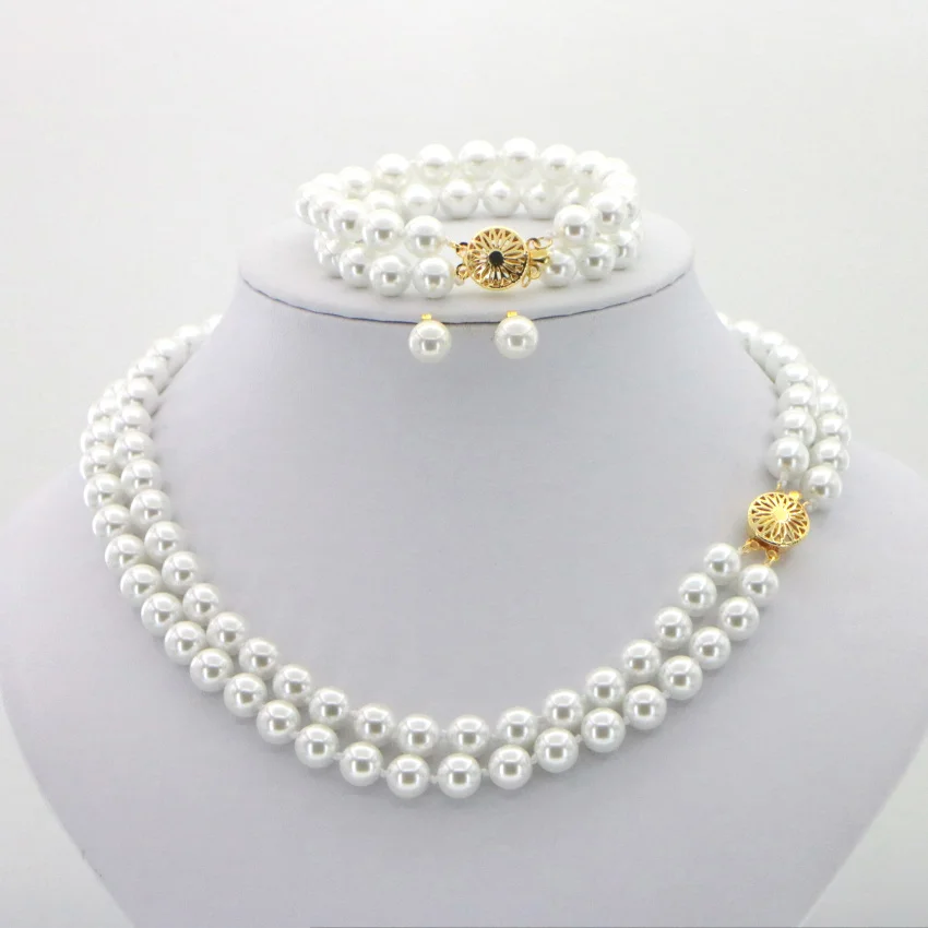 Fashion 2 Rows 8mm White Akoya Shell Pearl Round Beads Necklace Bracelet Earring Set Woman Girl Christmas Gifts Wholesale Prices