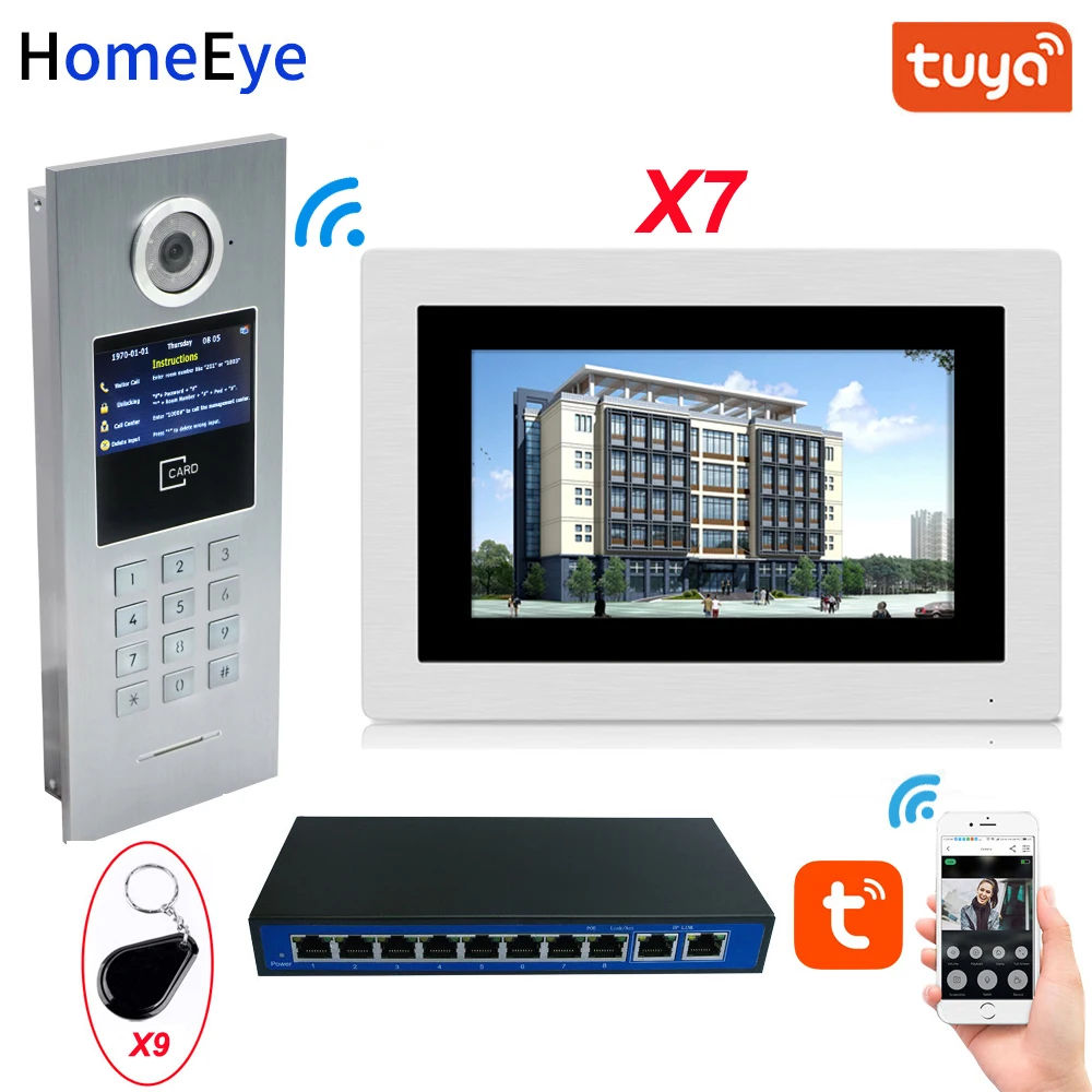 

WiFi IP Video Door Phone Video Intercom Home Access Control System TuyaSmart APP+Password+IC Card + POE Switch 7'' Touch Screen