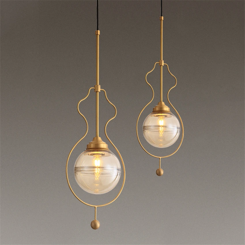 Modern Gourd All-copper Pendant Lights Bedside Restaurant Lamps Luxury Bedroom Glass Ball Hanging Lights Dining Room Lighting