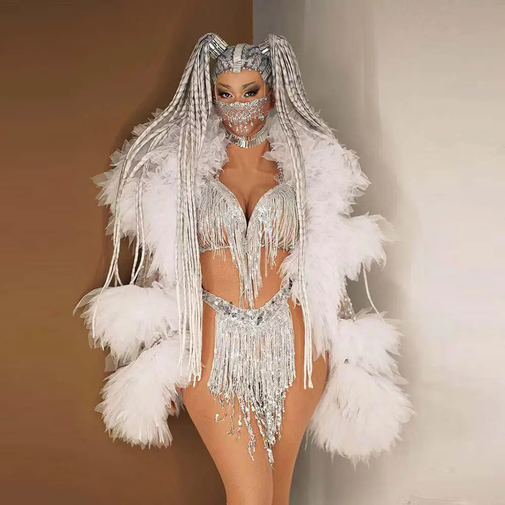 

Silver Sequin Tassel Bikini Sets Fluffy Cloak Coats Women Sexy Fringes Bra + Shorts Nightclub Party Singer Stage Outfit Sets