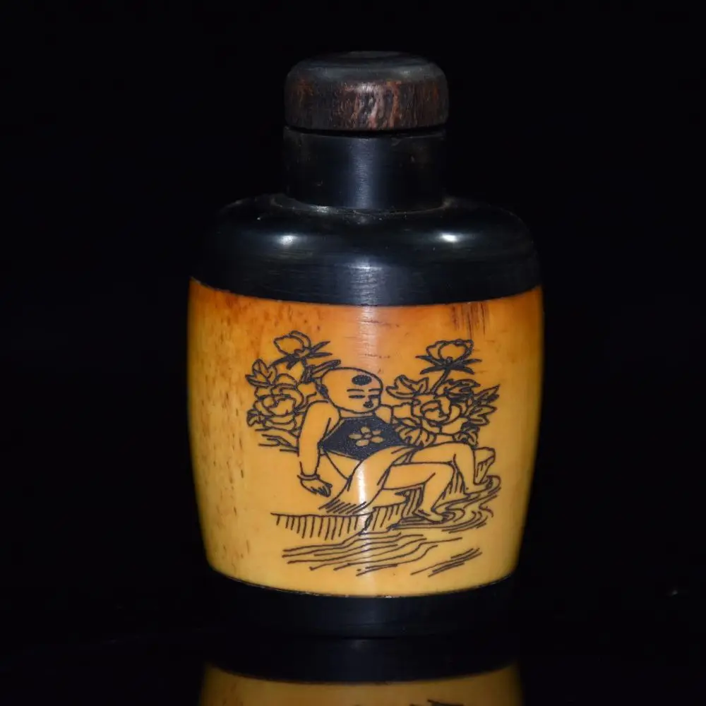 Exquisite Interesting Collection Chinese hand-painted engraved character stories Boy cow bone snuff bottle / pattern random/1