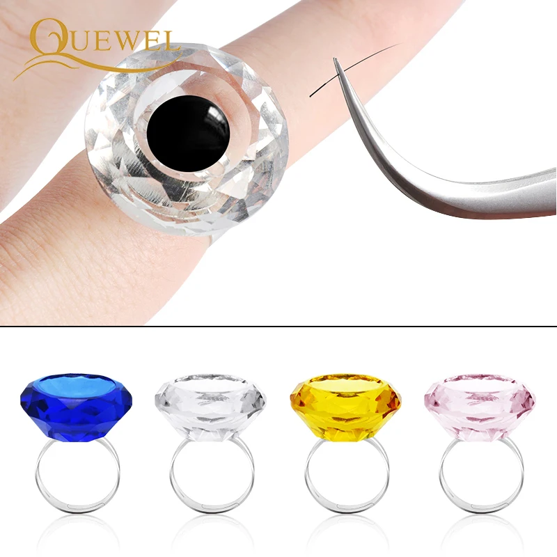 Quewel Crystal Adjustable Glue Ring Eyelash Extension Glue Pallet Finger Rings Holder Professional Fake Lashes Adhesive Pallet