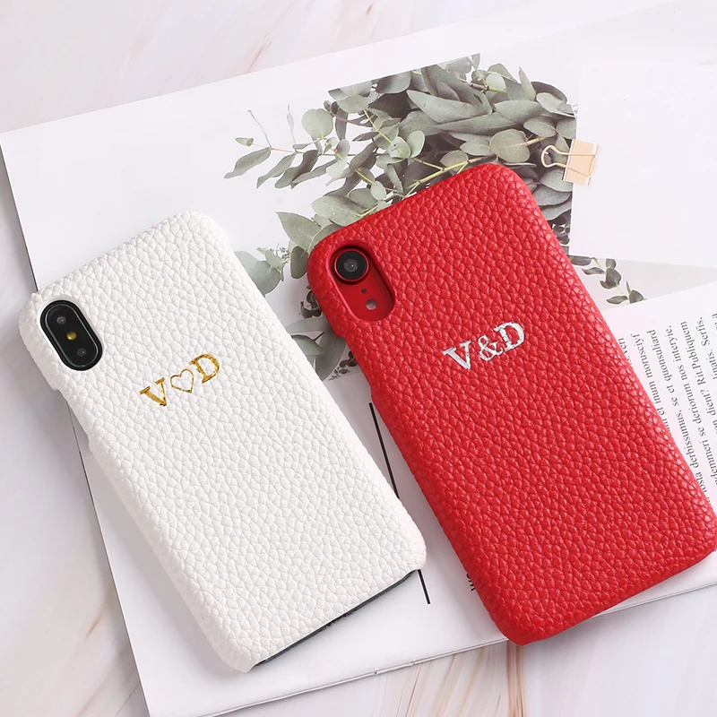 Personalized Pebble Grain Leather Phone Case Gold Silver Initial Name Custom Fit for iPhone 1514 14Pro Max 14Plus 13Promax 13 12