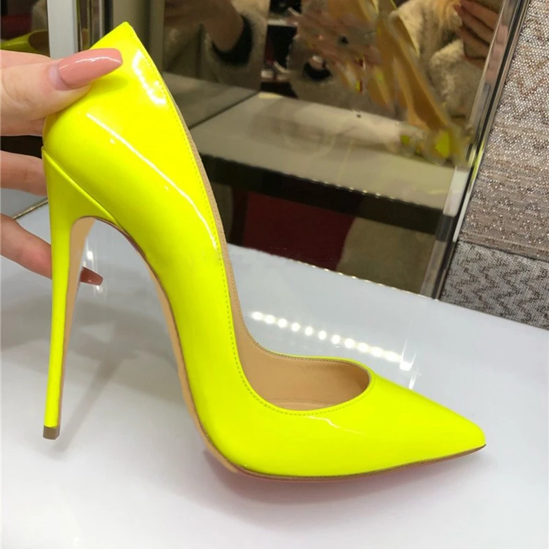 Veowalk Solid Yellow Green Patent Women Pointed Toe Stiletto Pumps Ladies Wedding Party High Heel Shoes Small Size 33 44  45