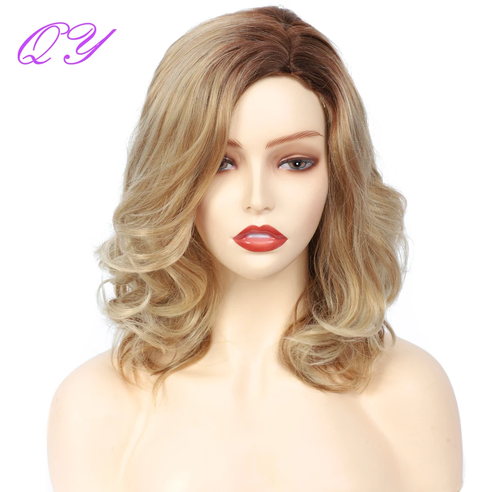 Synthetic Wig For Women Blonde Golden Natural Short Wavy Curly Middle Part Daily Party Wear High Temperature Ladies Hair Wigs