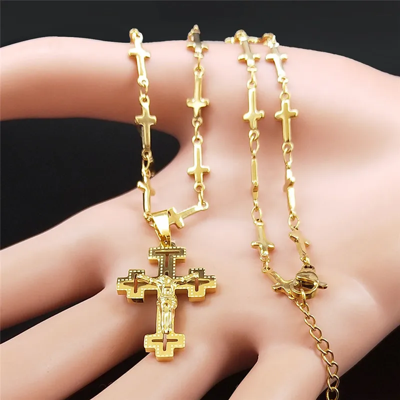 Christian Cross Jesus Stainless Steel Necklace for Women/Men Gold Color Crucifi