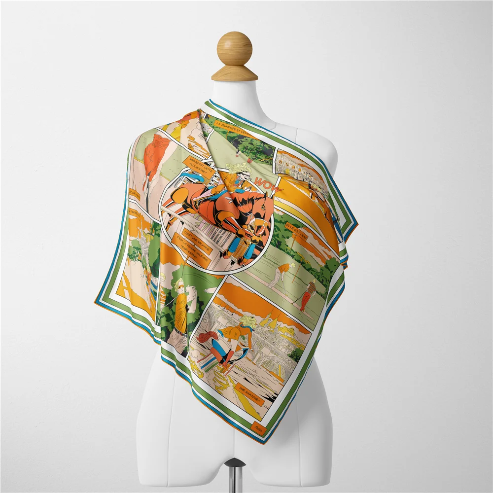 Twill Silk Scarf Woman Sport Club Print Square Scarves Wraps Bandana Small Hijab Foulards Lady Tie Headband Neckerchief 53CM