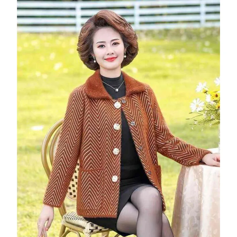 Mother Clothes Autumn Winter Imitation Mink Velvet Jacket Middle Aged Women Short Sweater Knitted Cardigan Coat Outwear4XL