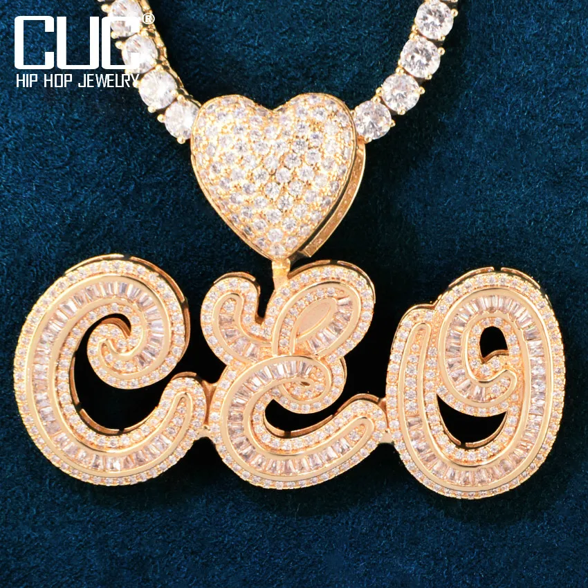 

CUC Custom Make Cursive Letter Name Pendant Heart Bail Zirconia Men's Hip Hop Necklace Chain Number Jewelry