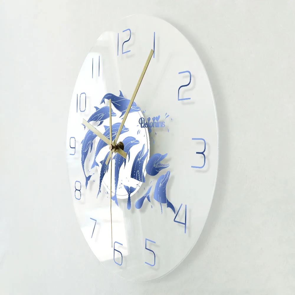 Dolphins Family Print Acrylic Round Wall Clock Nautical Nursery Dolphins Wall Art Sea Life Ocean Non ticking Silent Wall Clock