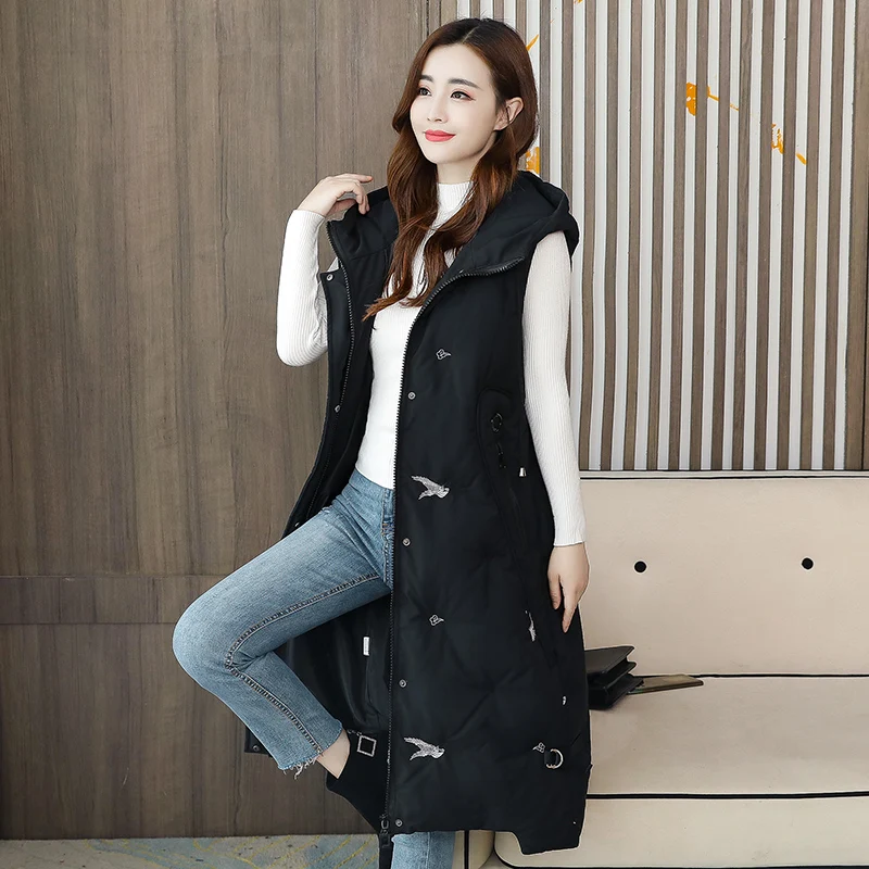 

New Winter Plus Size 5XL Vests Women Down Cotton Thick Warm Long Waistcoat Female Embroidery High Quality Sleeveless Jacket Coat