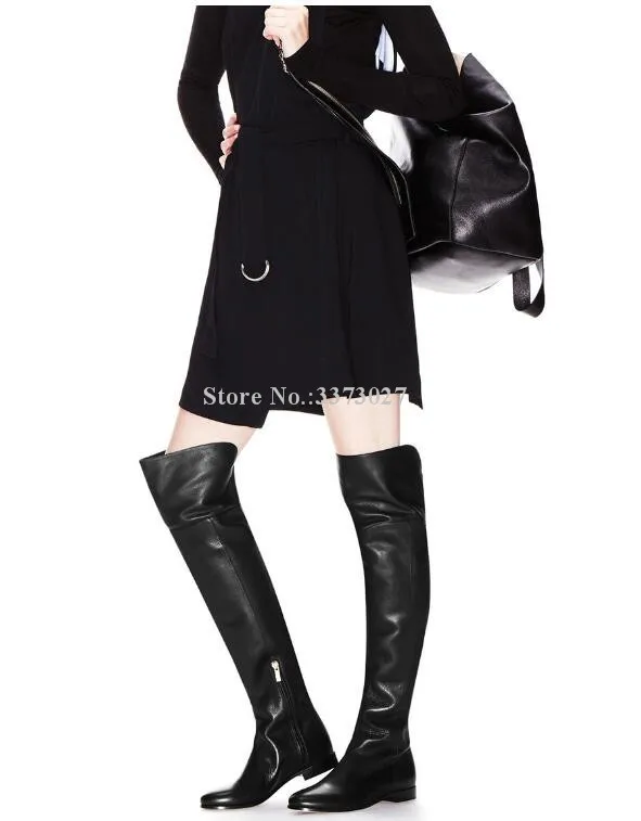 Black Leather Woman Flat With Long Boots Fashion Round Toe Over the Knee Knight Boots Lady Large Size Casual Boots