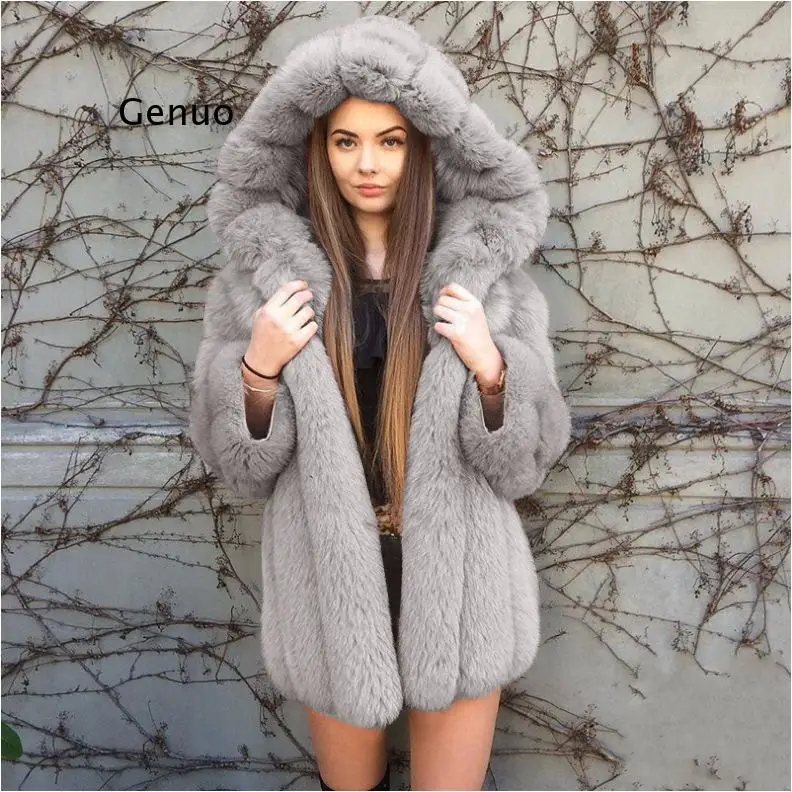 Fluffy Hooded Faux Fur Coat เสื้อฤดูหนาว2021เสื้อขนสัตว์ฤดูหนาวเสื้อขนสัตว์