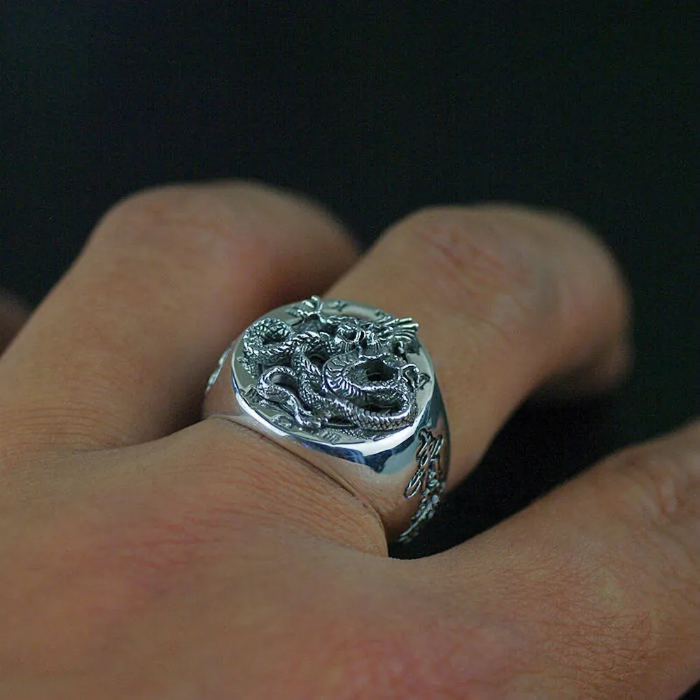 BOCAI New 100% Real S925 Silver Jewelry Accessories Trendy Punk Style Green Dragon Man\'s Ring Exquisite Birthday Gift