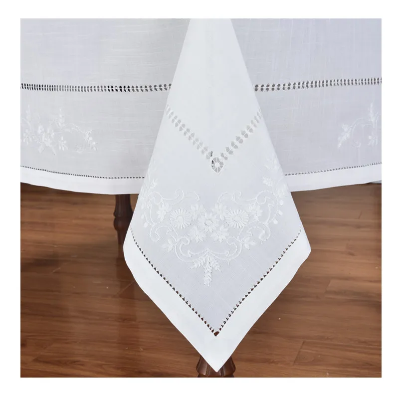 [874Camellia Casa]Elegant,Chamomile Hemstitch Tablecloth,Special Treated Polyester,LinenLook Washable,Whiht, Square/Oblong/Round